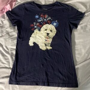 Fourth of July themed graphic t shirt with fireworks and a puppy